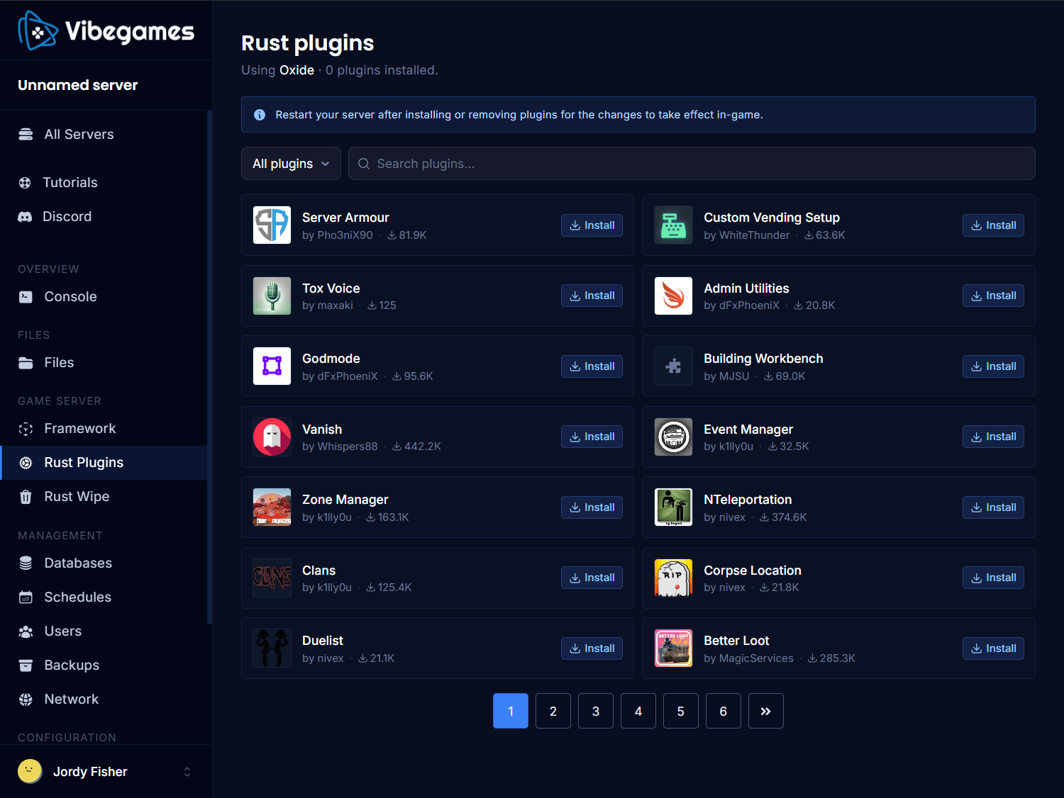 Browse and install Rust plugins with one click from the VibeGAMES control panel