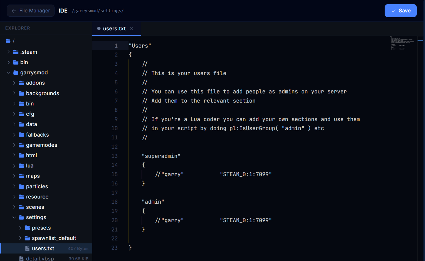 The editor with settings/users.txt