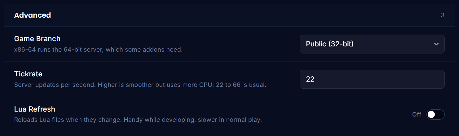 The Advanced section of Game Settings
