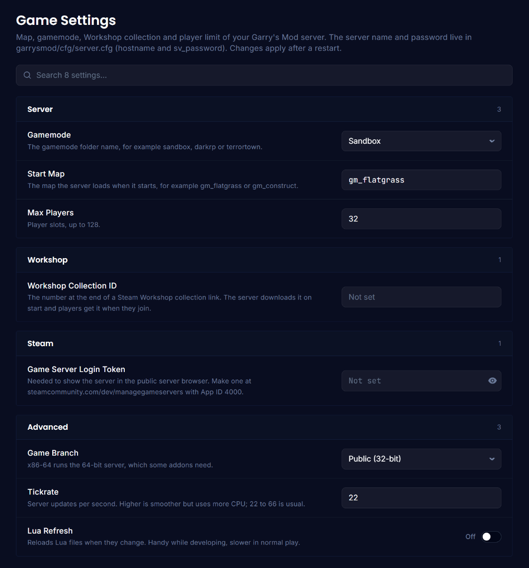 The whole Game Settings page