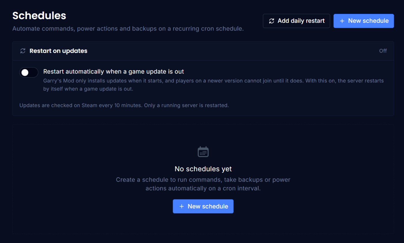 The Schedules page with the daily restart and Restart on updates cards
